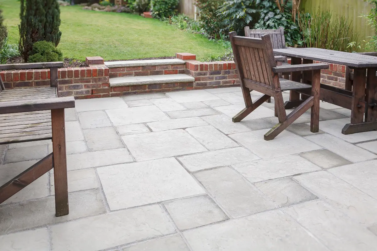 A porcelain paved patio laid in a rear garden