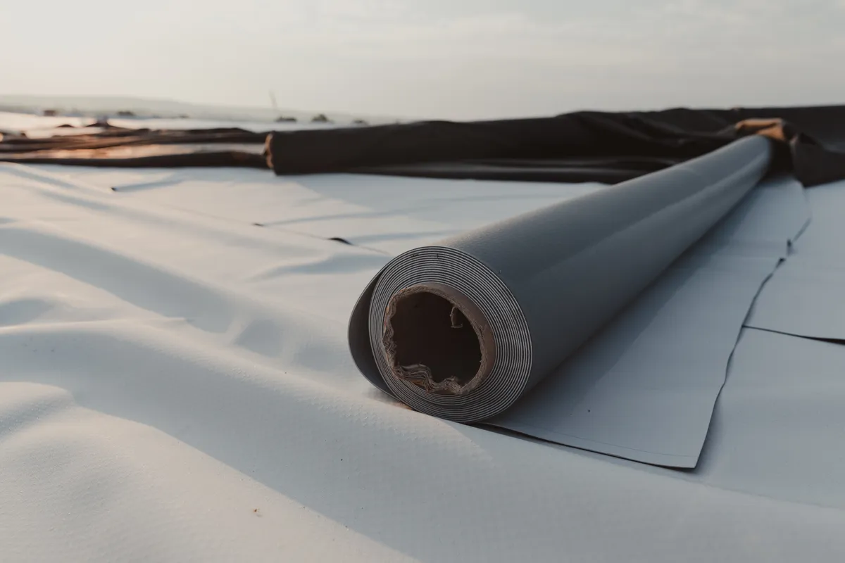 A roll of EPDM membrane being set out on a flat roof